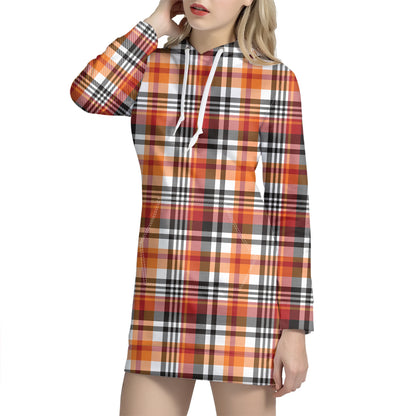 Orange And Black Madras Plaid Print Hoodie Dress