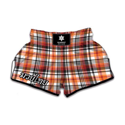 Orange And Black Madras Plaid Print Muay Thai Boxing Shorts