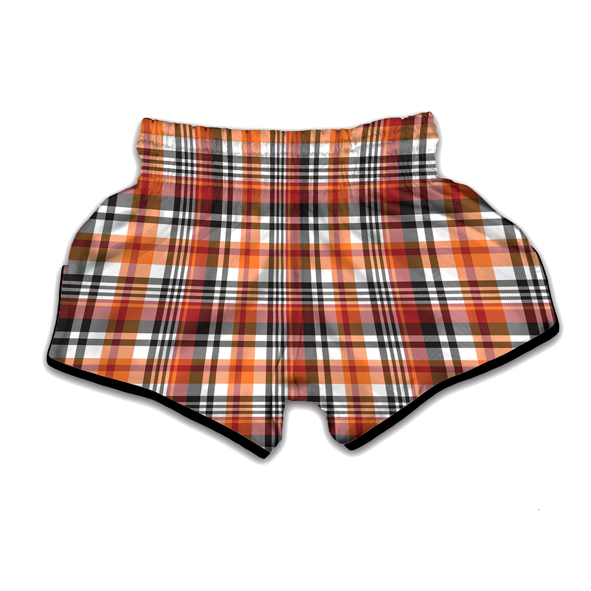 Orange And Black Madras Plaid Print Muay Thai Boxing Shorts
