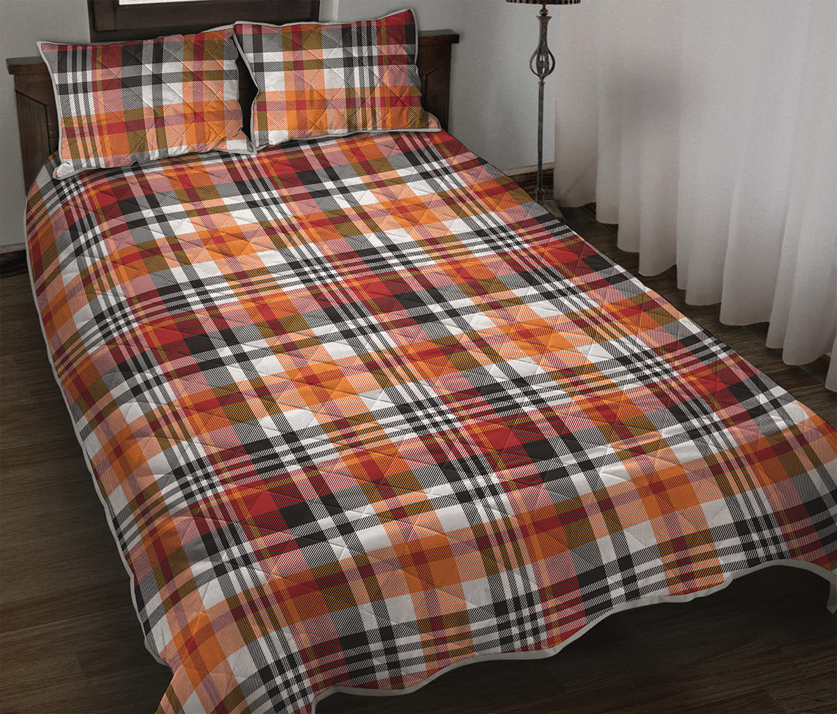 Orange And Black Madras Plaid Print Quilt Bed Set