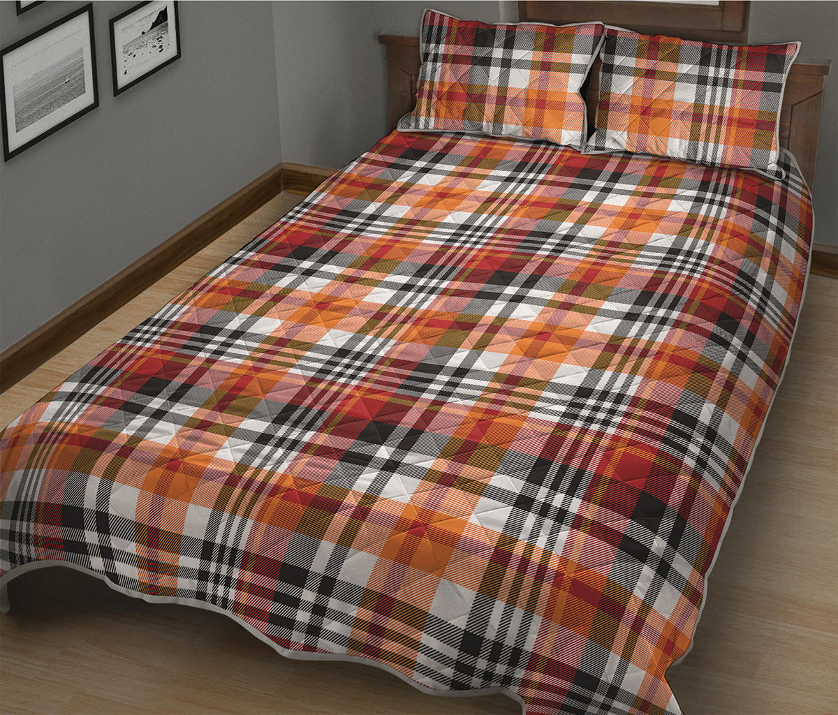 Orange And Black Madras Plaid Print Quilt Bed Set