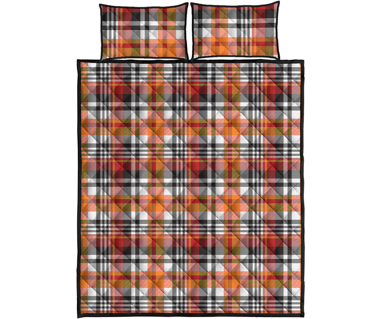 Orange And Black Madras Plaid Print Quilt Bed Set