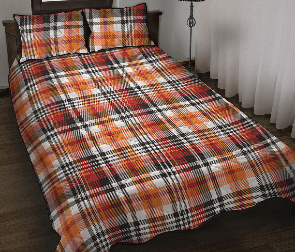 Orange And Black Madras Plaid Print Quilt Bed Set