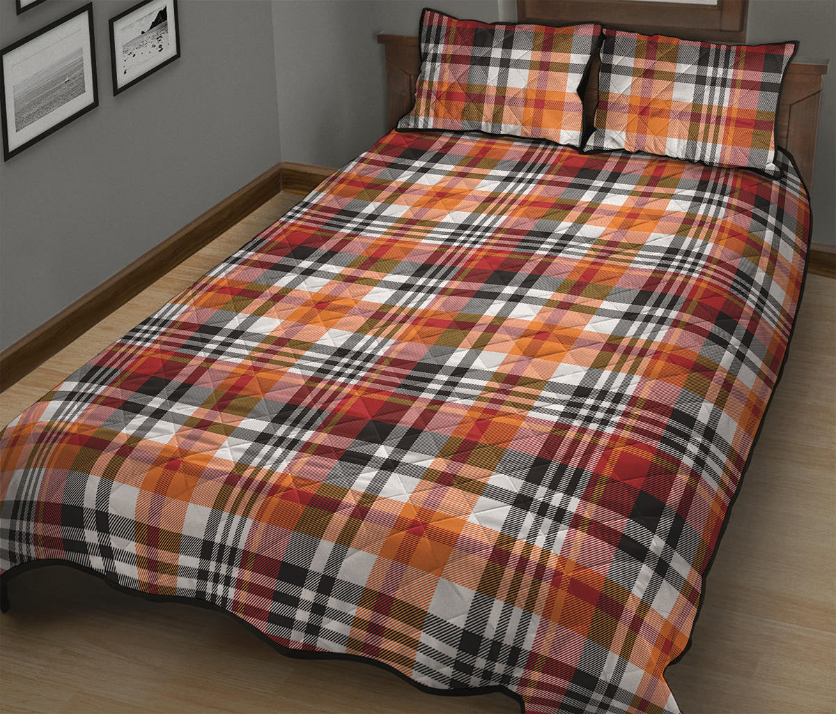 Orange And Black Madras Plaid Print Quilt Bed Set