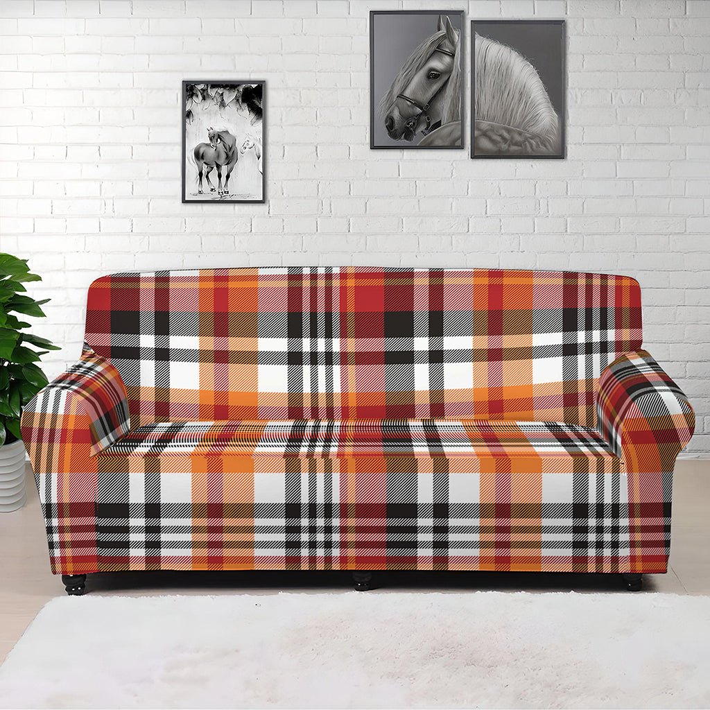 Orange And Black Madras Plaid Print Sofa Cover