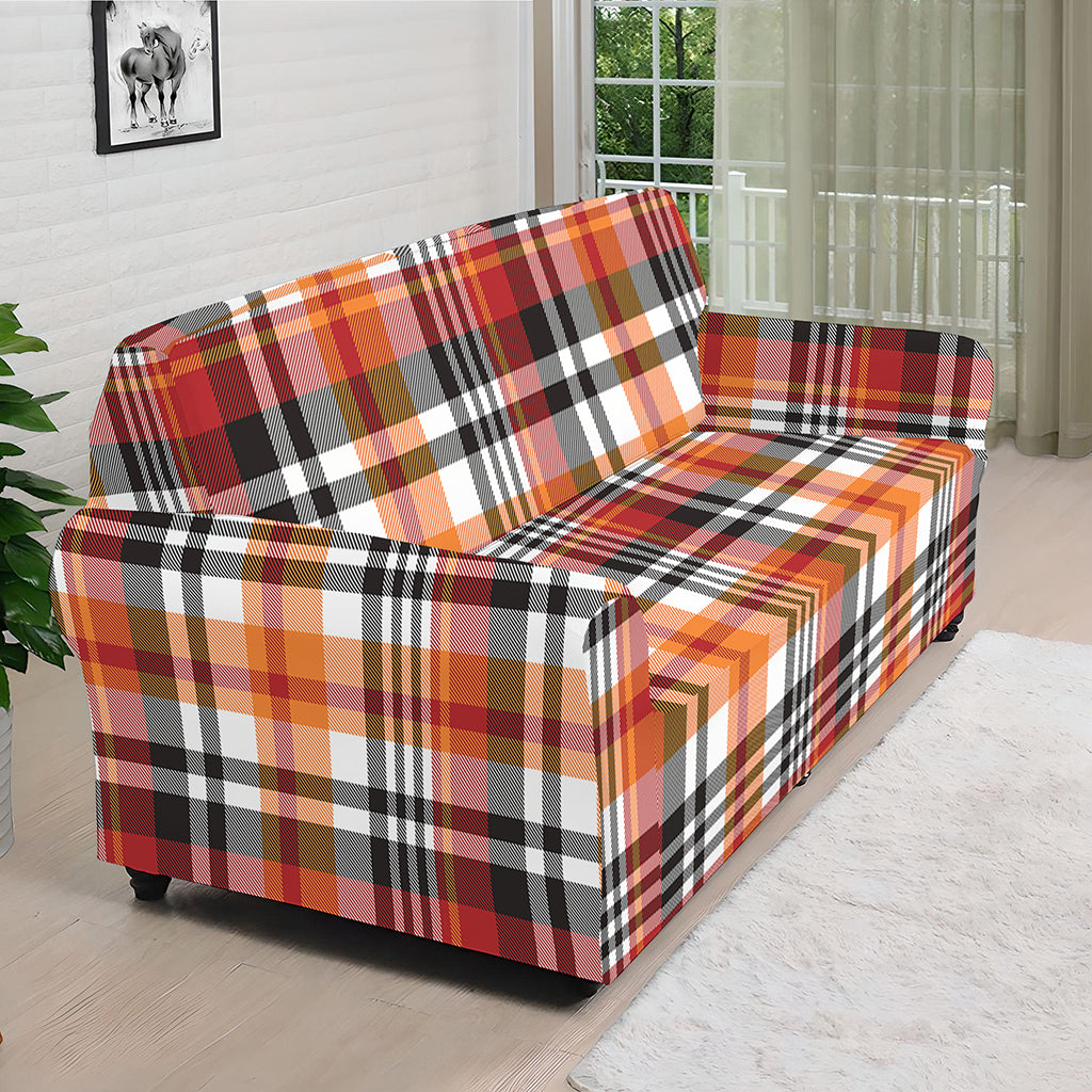 Orange And Black Madras Plaid Print Sofa Cover