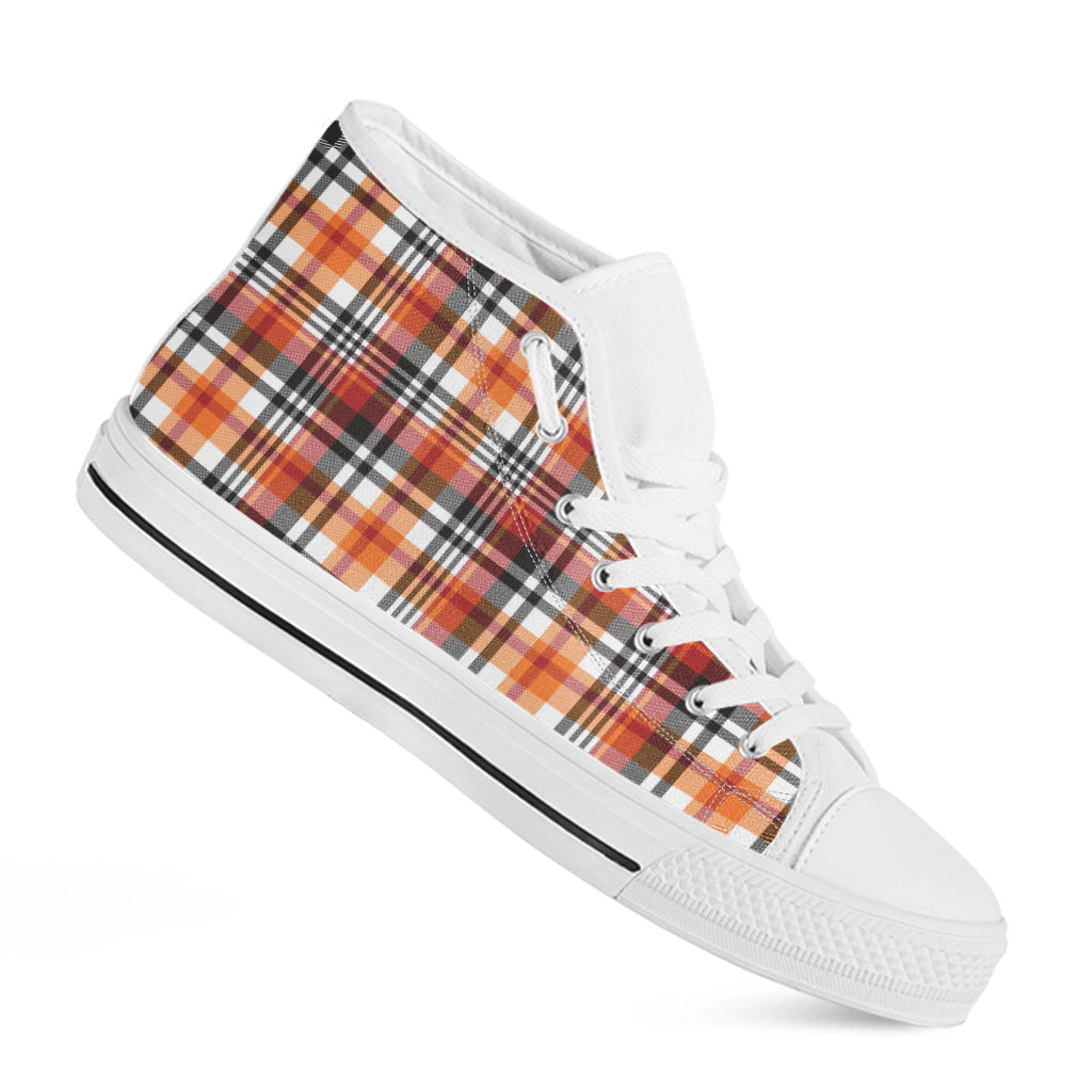 Orange And Black Madras Plaid Print White High Top Shoes