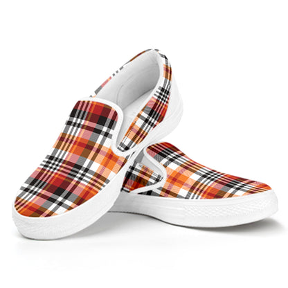 Orange And Black Madras Plaid Print White Slip On Shoes