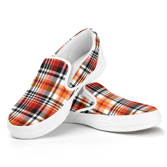 Orange And Black Madras Plaid Print White Slip On Shoes