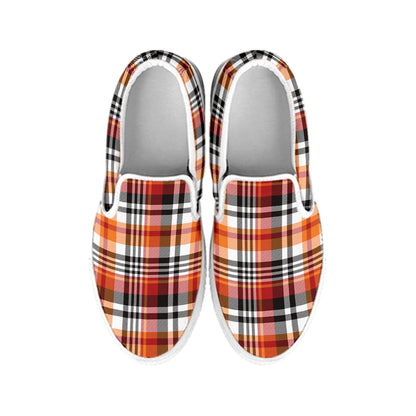 Orange And Black Madras Plaid Print White Slip On Shoes