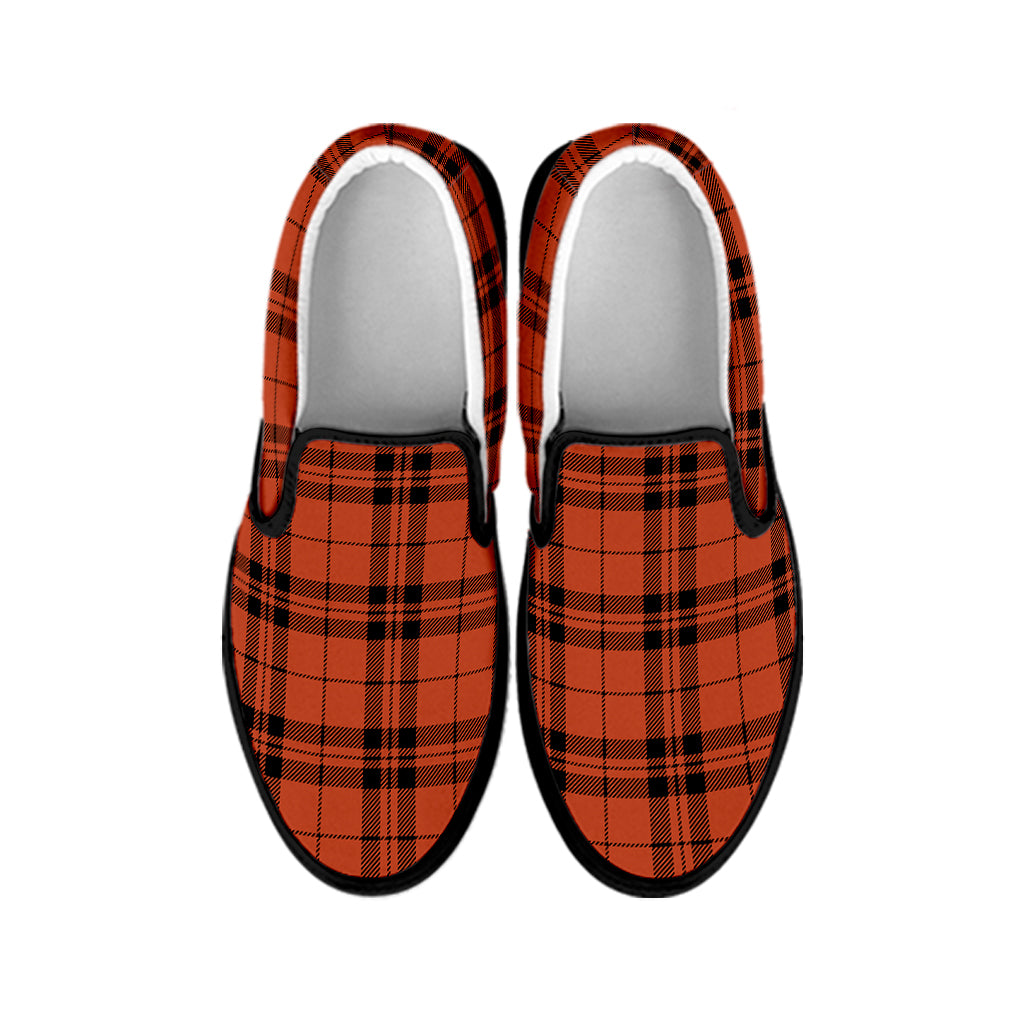 Orange And Black Tartan Pattern Print Black Slip On Shoes
