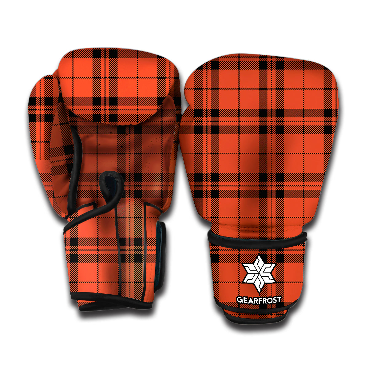 Orange And Black Tartan Pattern Print Boxing Gloves
