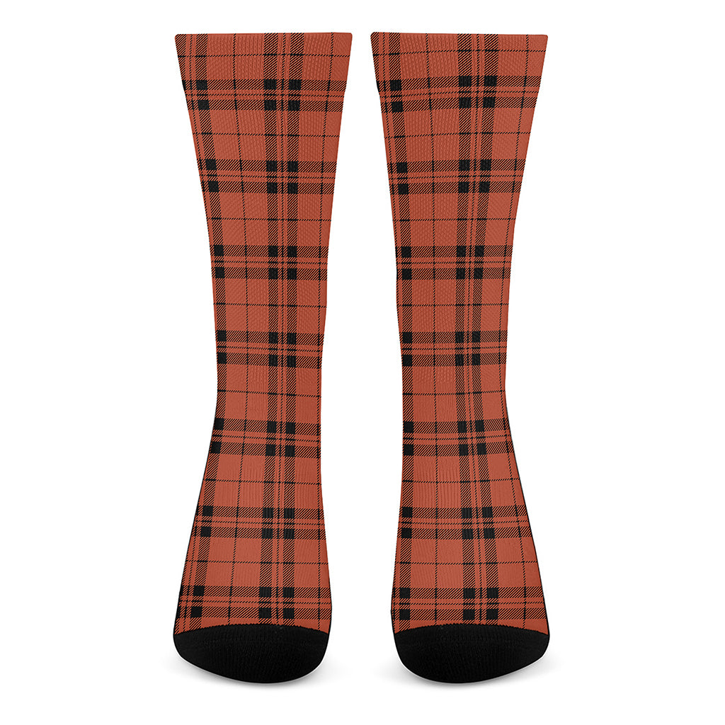 Orange And Black Tartan Pattern Print Crew Socks