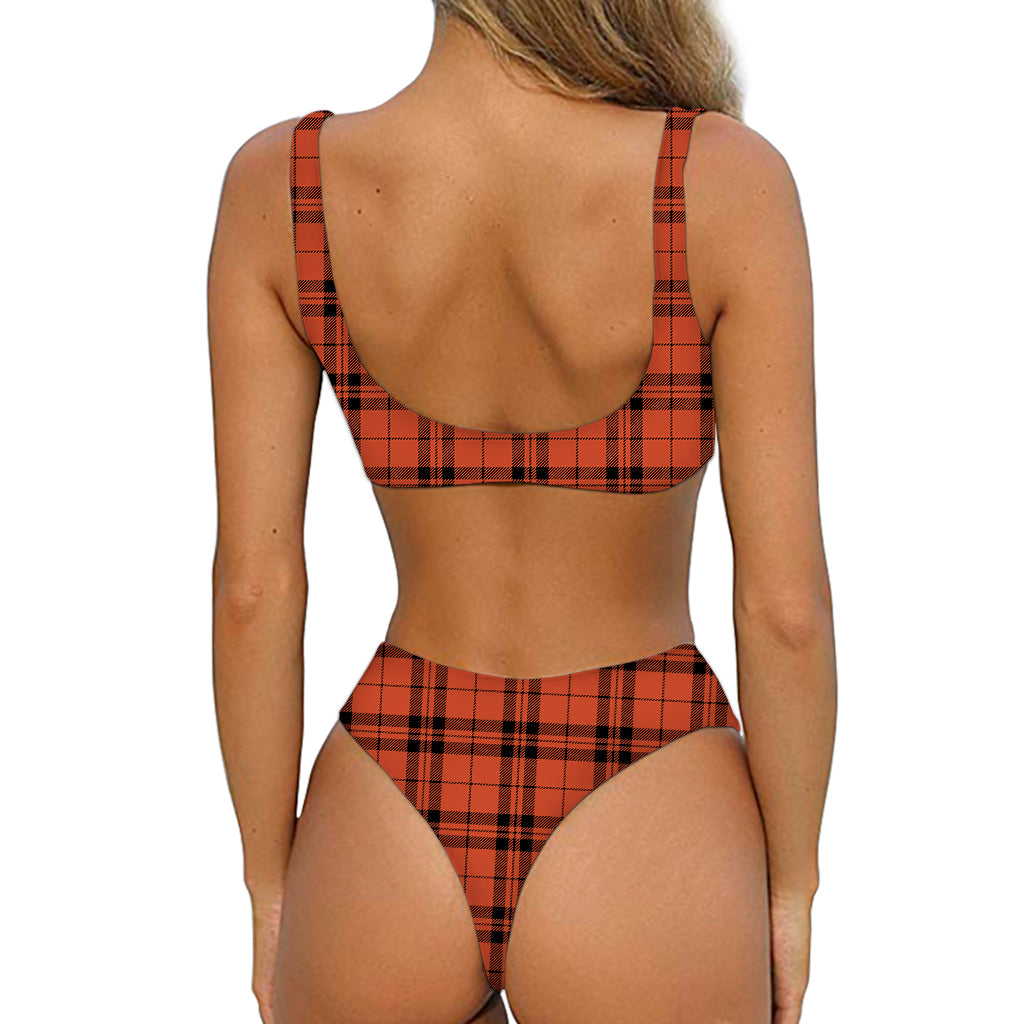 Orange And Black Tartan Pattern Print Front Bow Tie Bikini