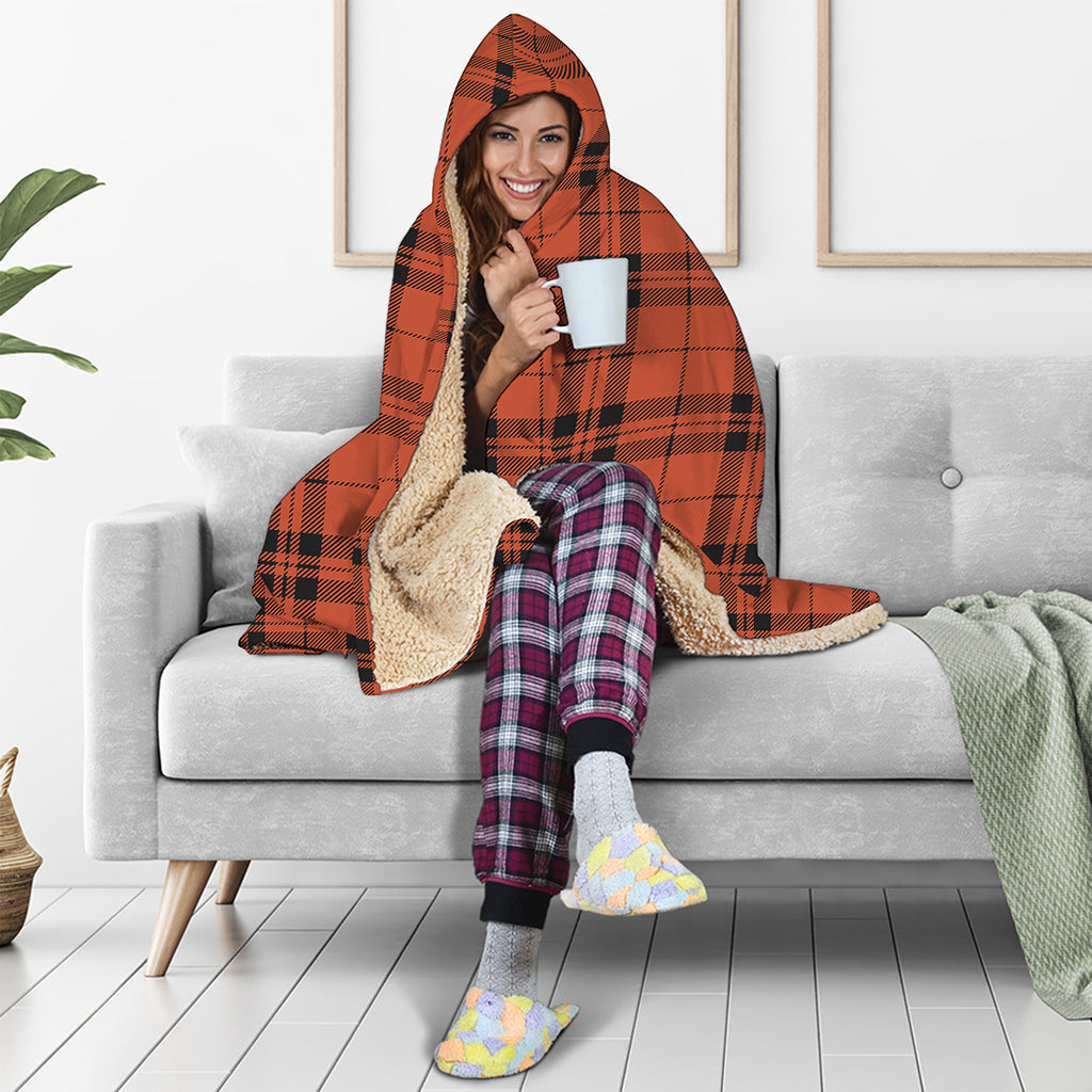 Orange And Black Tartan Pattern Print Hooded Blanket