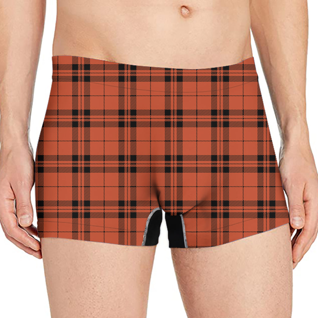 Orange And Black Tartan Pattern Print Men's Boxer Briefs