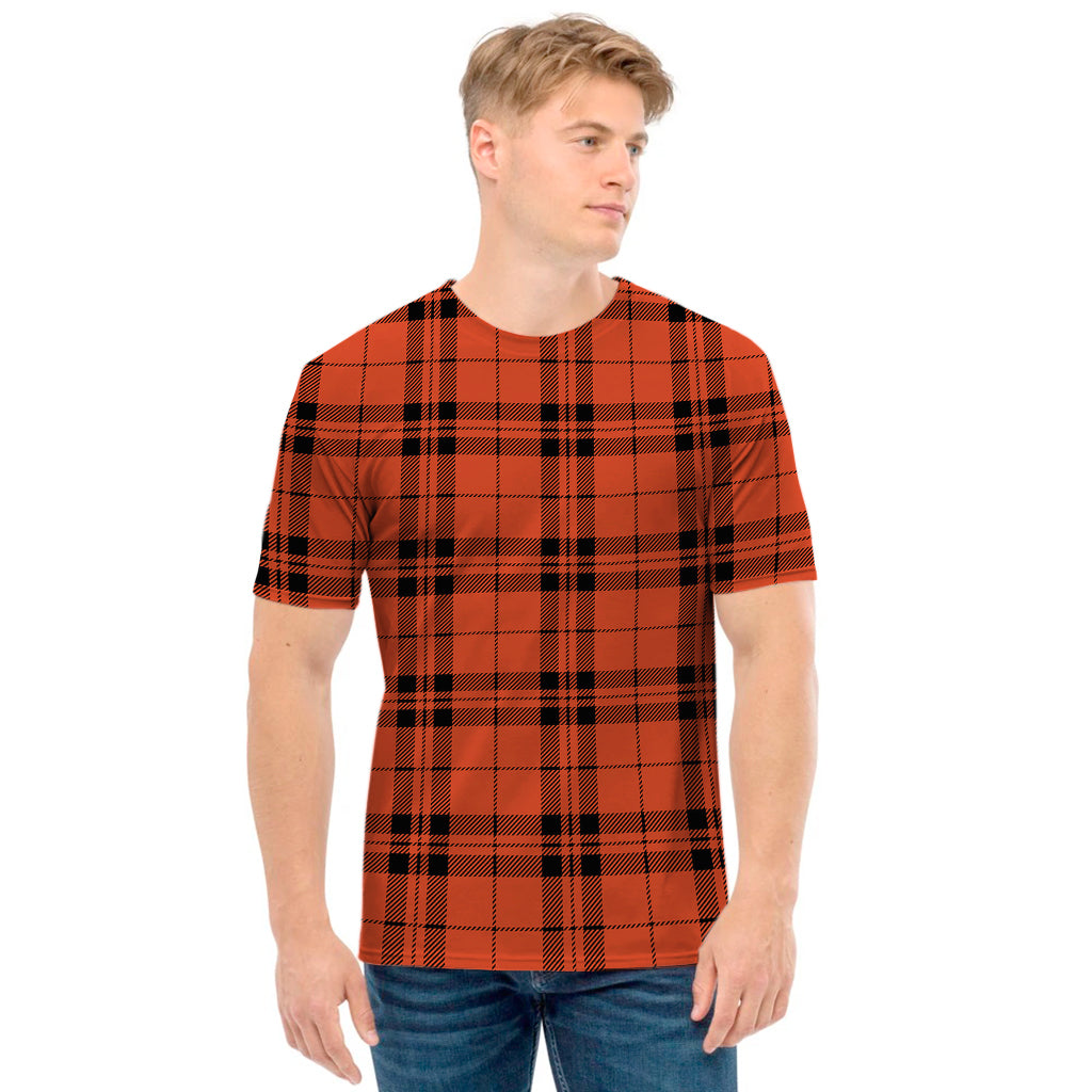 Orange And Black Tartan Pattern Print Men's T-Shirt