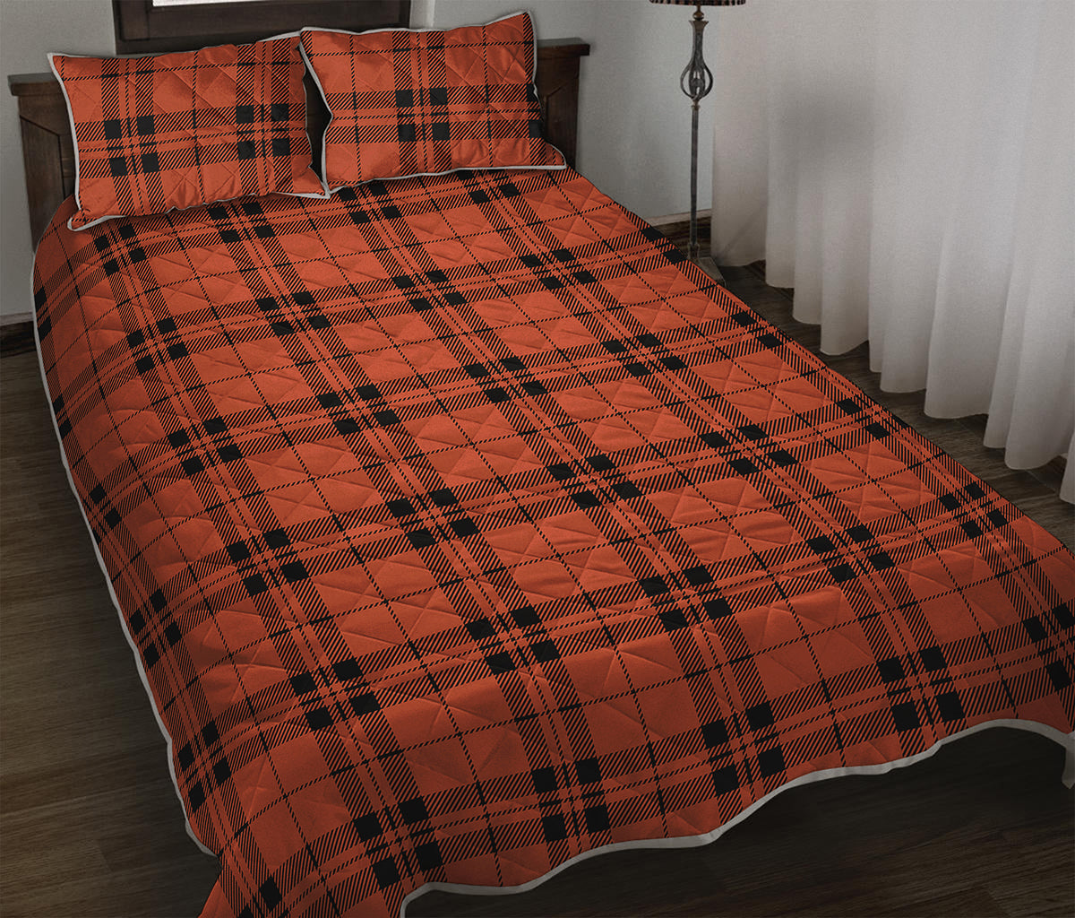 Orange And Black Tartan Pattern Print Quilt Bed Set