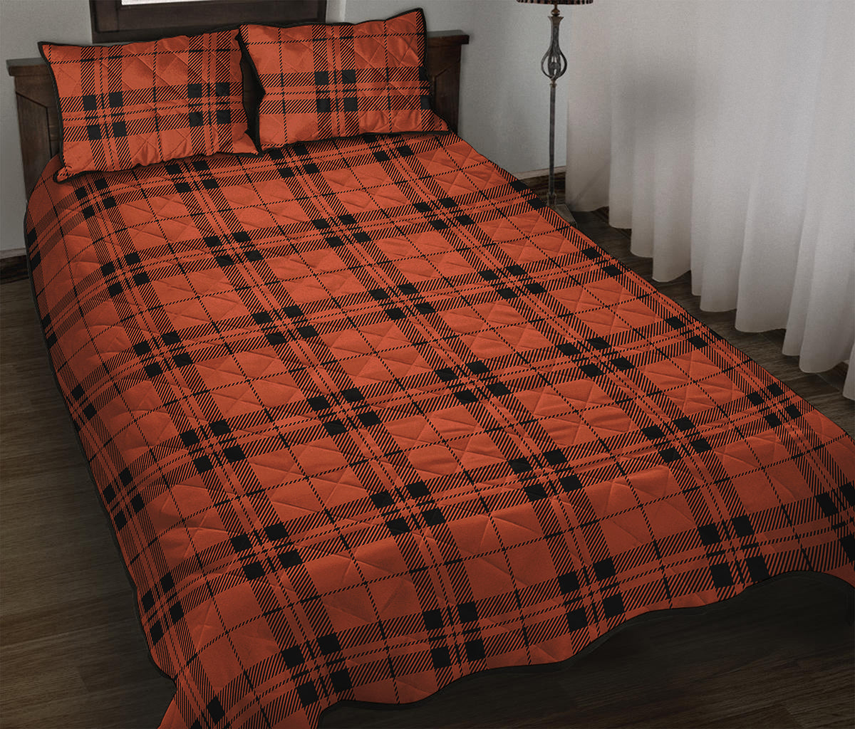 Orange And Black Tartan Pattern Print Quilt Bed Set