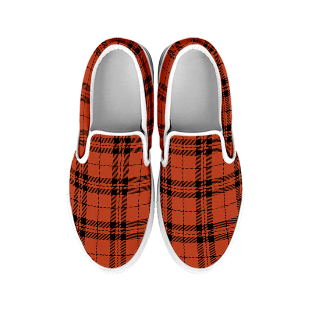 Orange And Black Tartan Pattern Print White Slip On Shoes