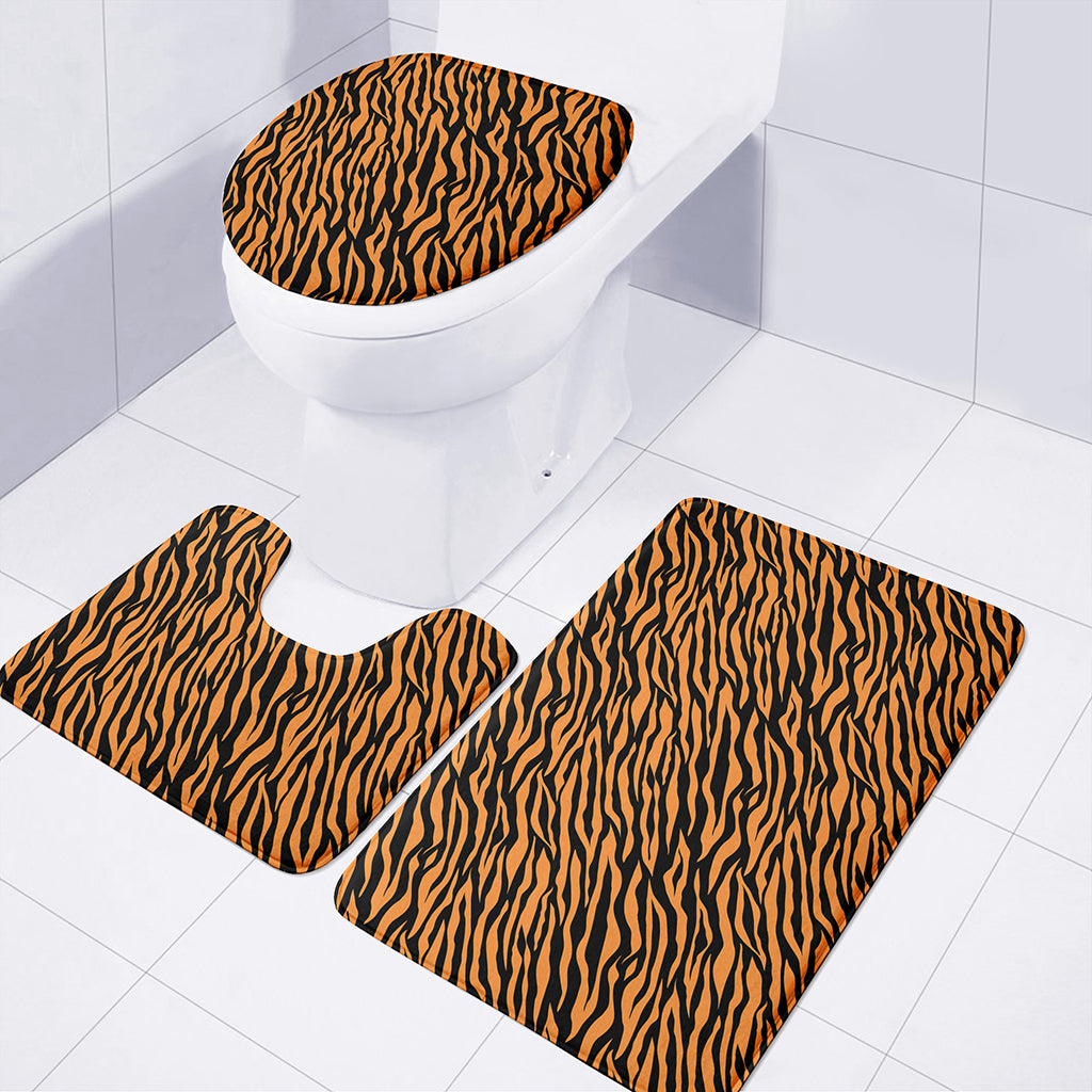 Orange And Black Tiger Stripe Print 3 Piece Bath Mat Set