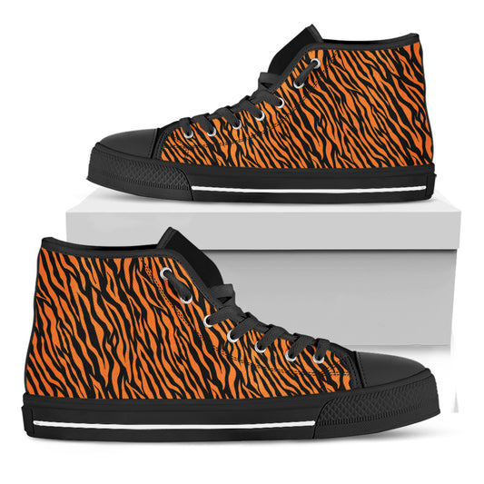 Orange And Black Tiger Stripe Print Black High Top Shoes