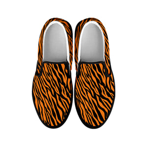 Orange And Black Tiger Stripe Print Black Slip On Shoes
