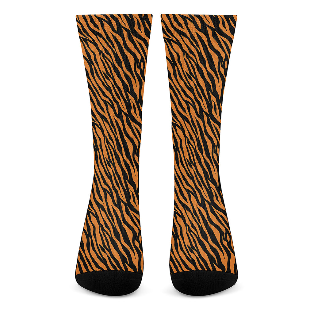 Orange And Black Tiger Stripe Print Crew Socks