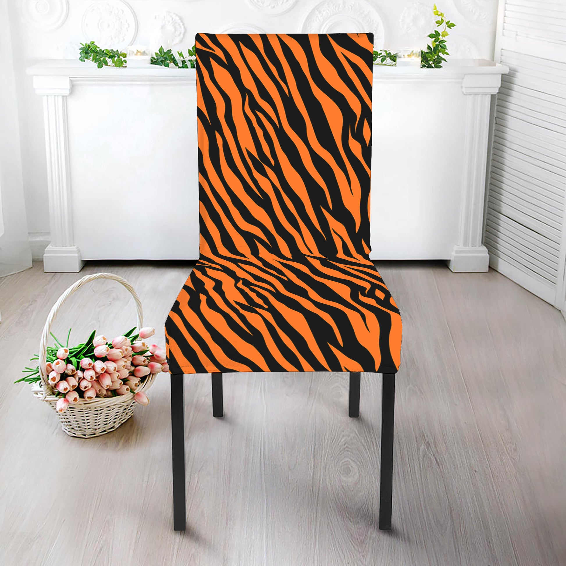 Orange And Black Tiger Stripe Print Dining Chair Slipcover
