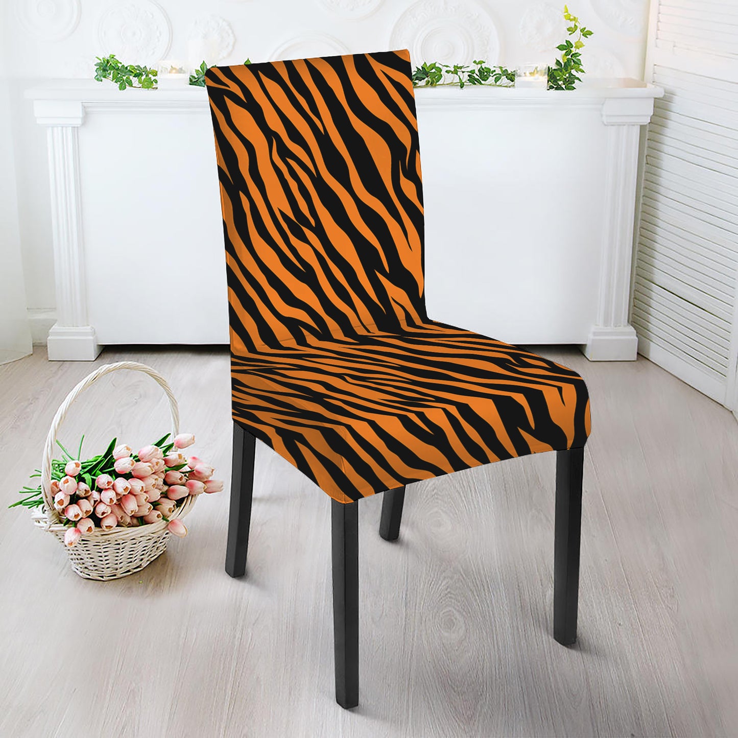 Orange And Black Tiger Stripe Print Dining Chair Slipcover