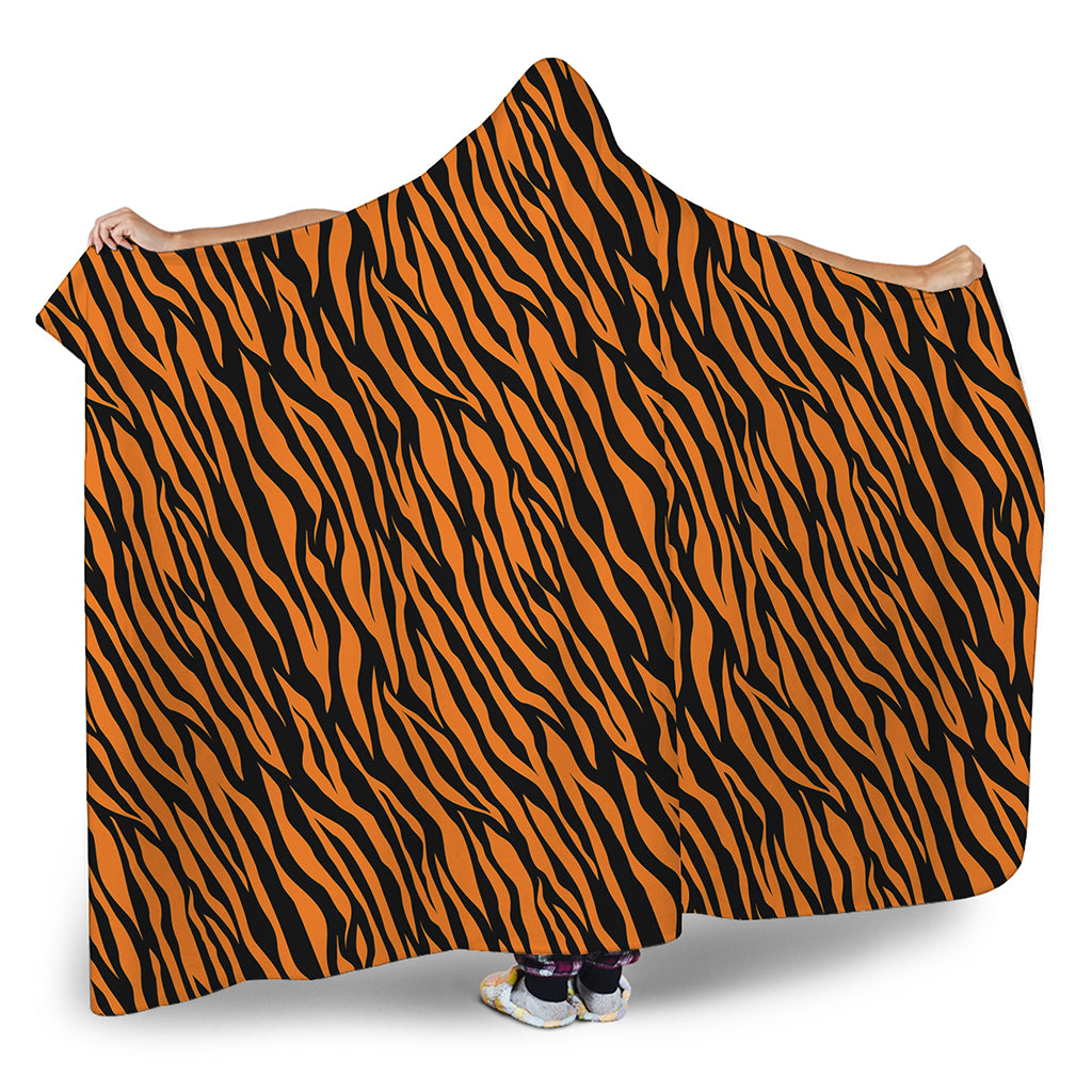 Orange And Black Tiger Stripe Print Hooded Blanket
