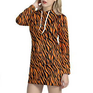 Orange And Black Tiger Stripe Print Hoodie Dress