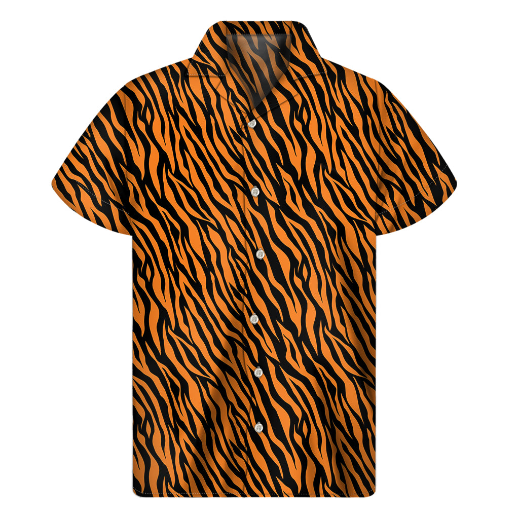 Orange And Black Tiger Stripe Print Men's Short Sleeve Shirt