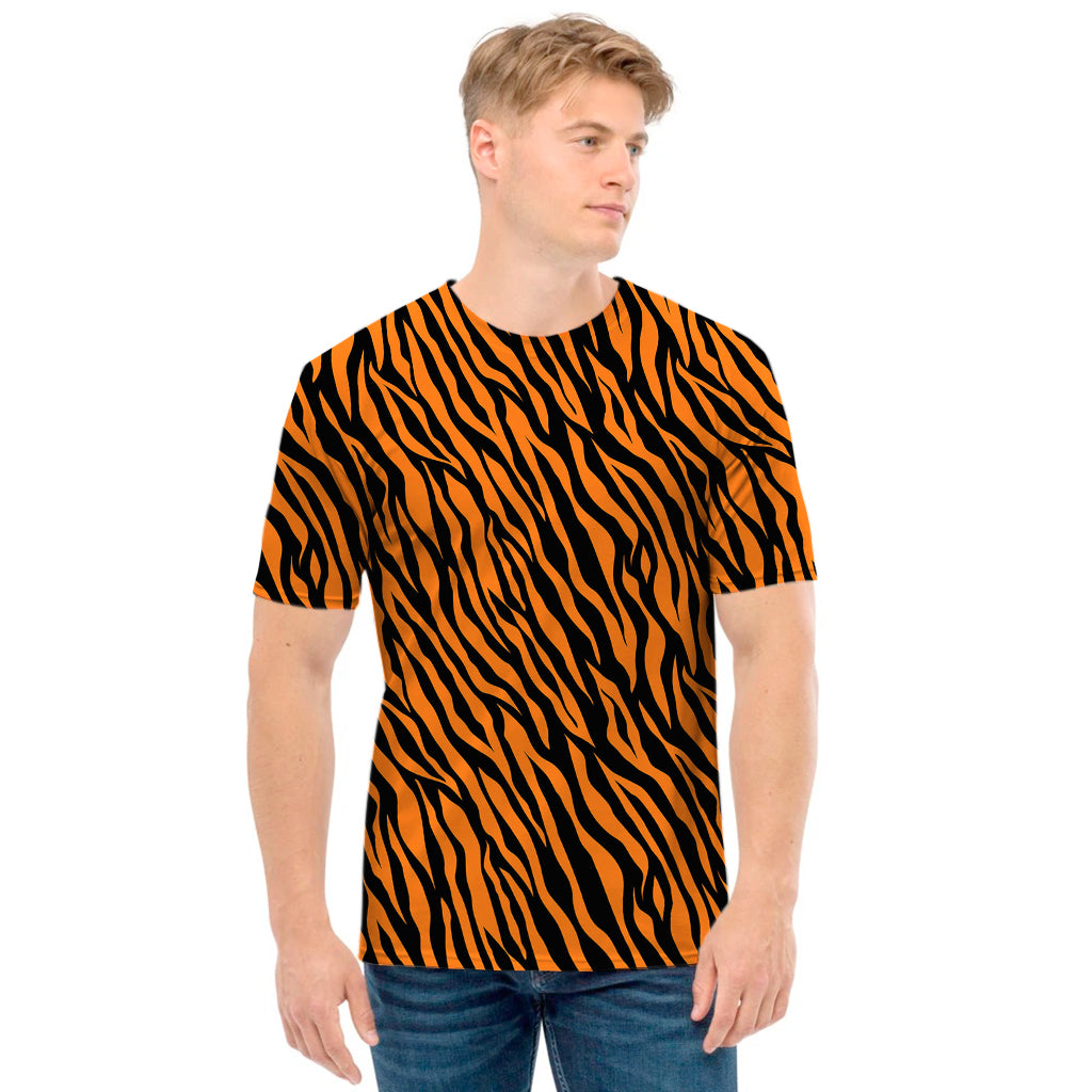 Orange And Black Tiger Stripe Print Men's T-Shirt