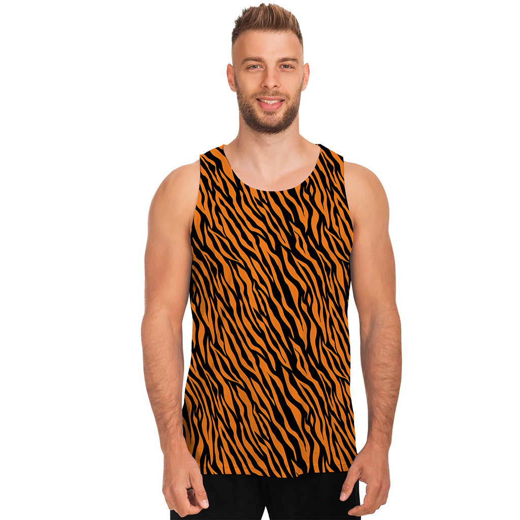 Orange And Black Tiger Stripe Print Men's Tank Top