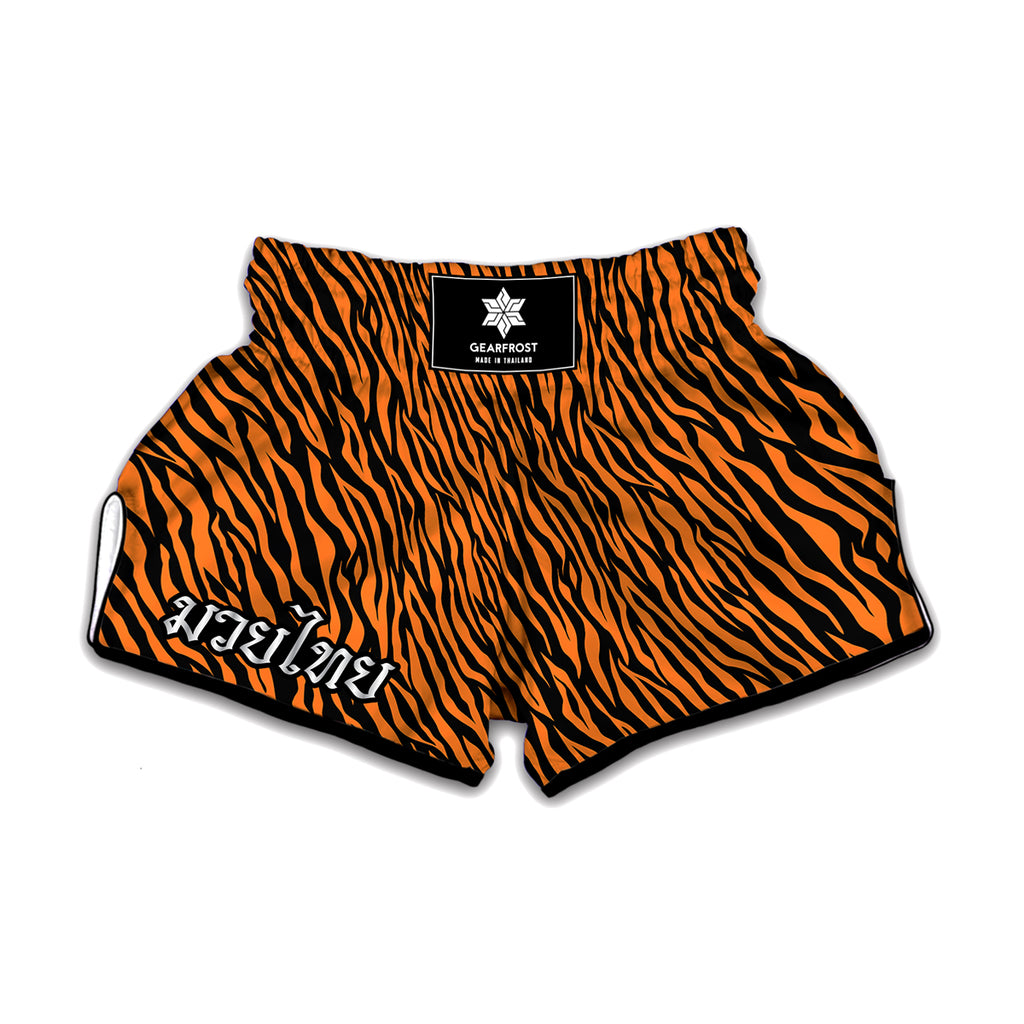 Orange And Black Tiger Stripe Print Muay Thai Boxing Shorts