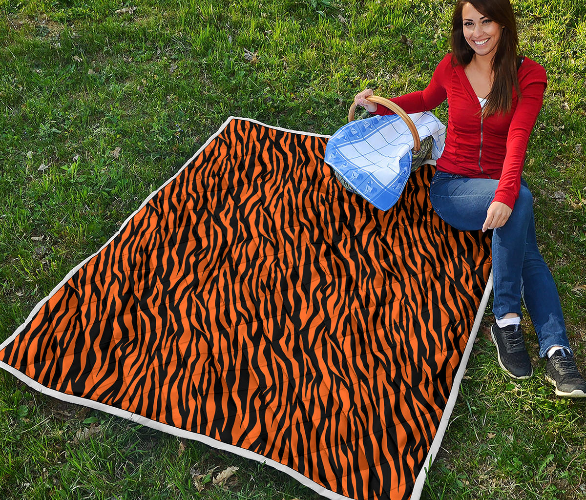 Orange And Black Tiger Stripe Print Quilt