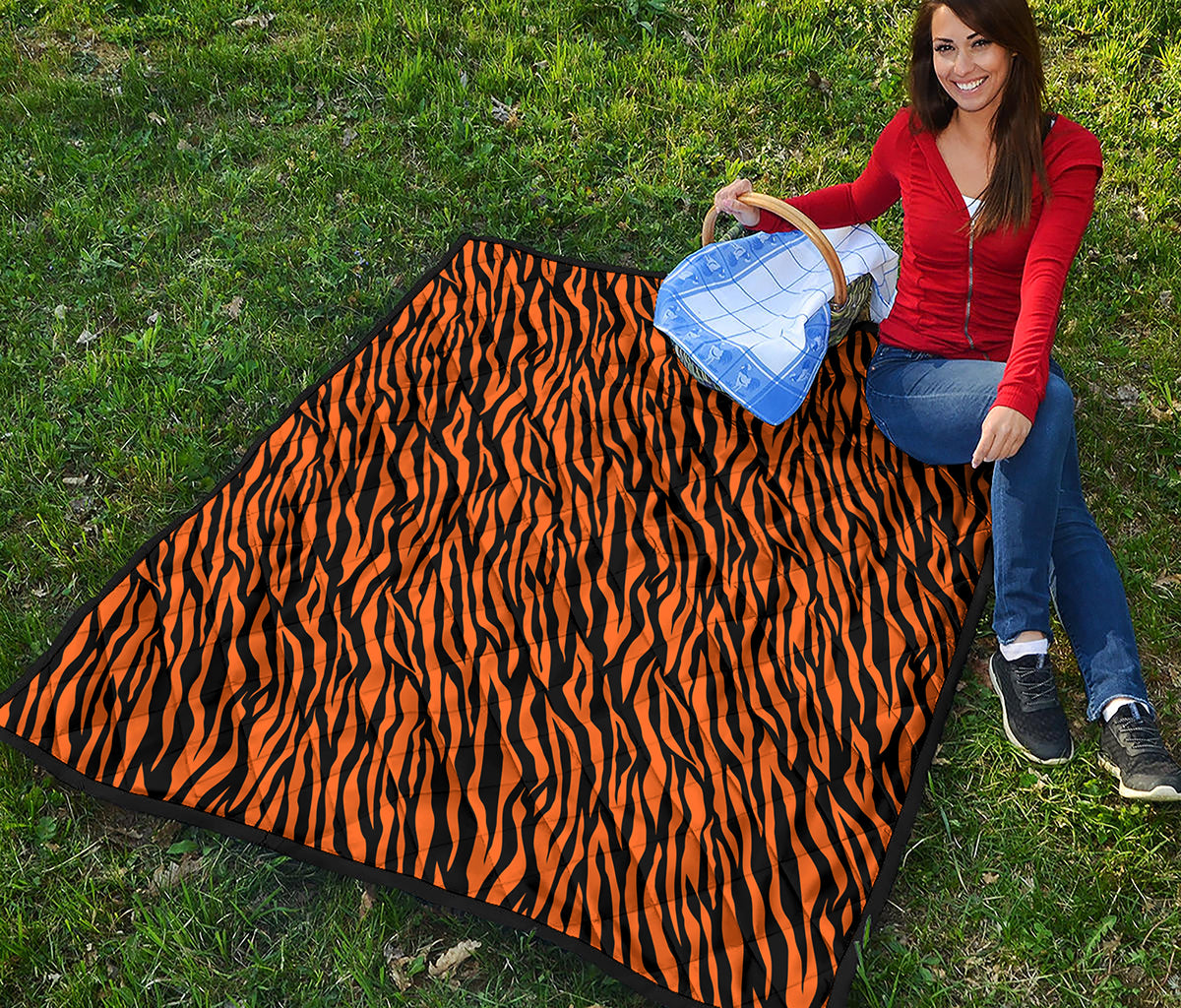 Orange And Black Tiger Stripe Print Quilt