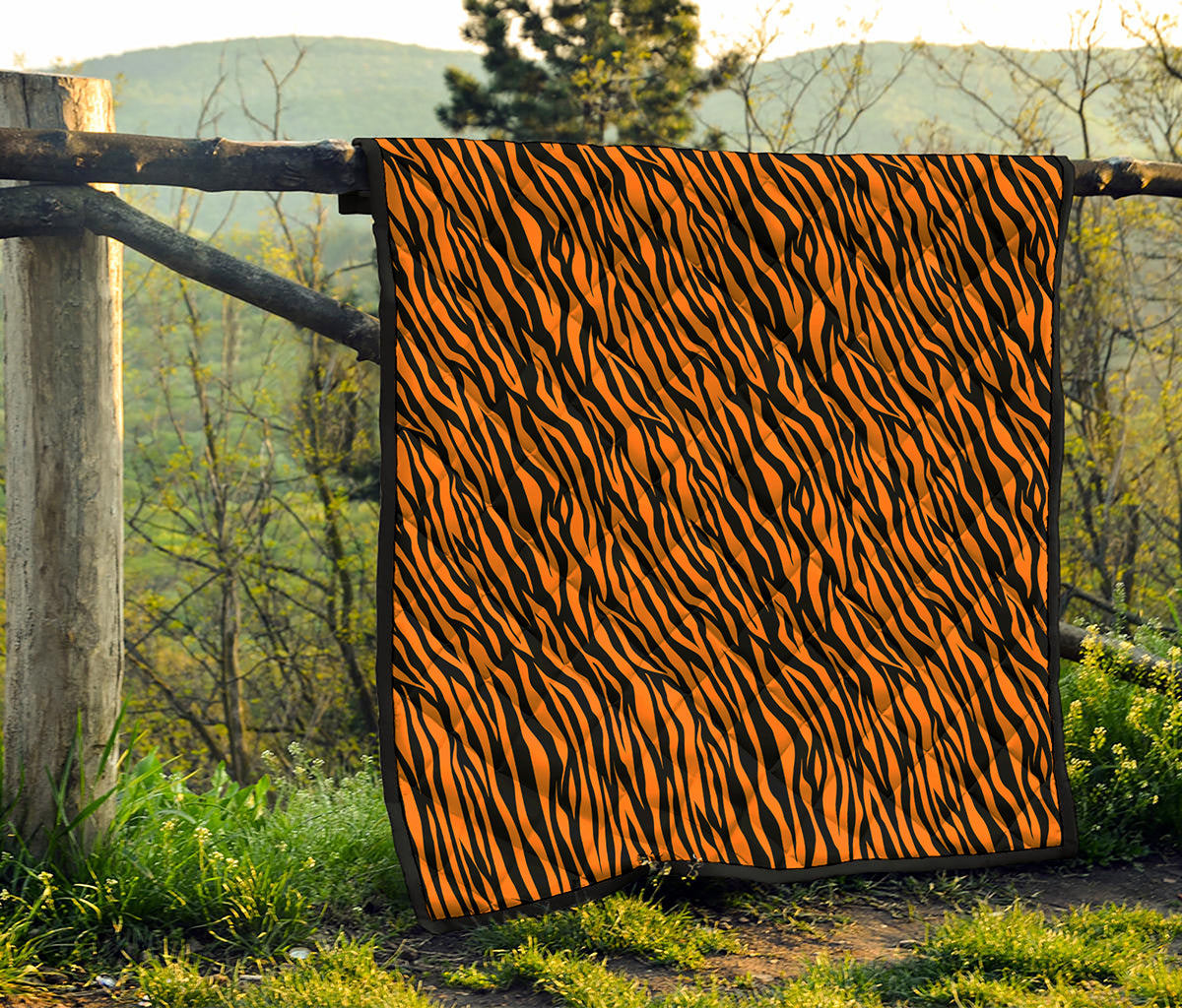 Orange And Black Tiger Stripe Print Quilt