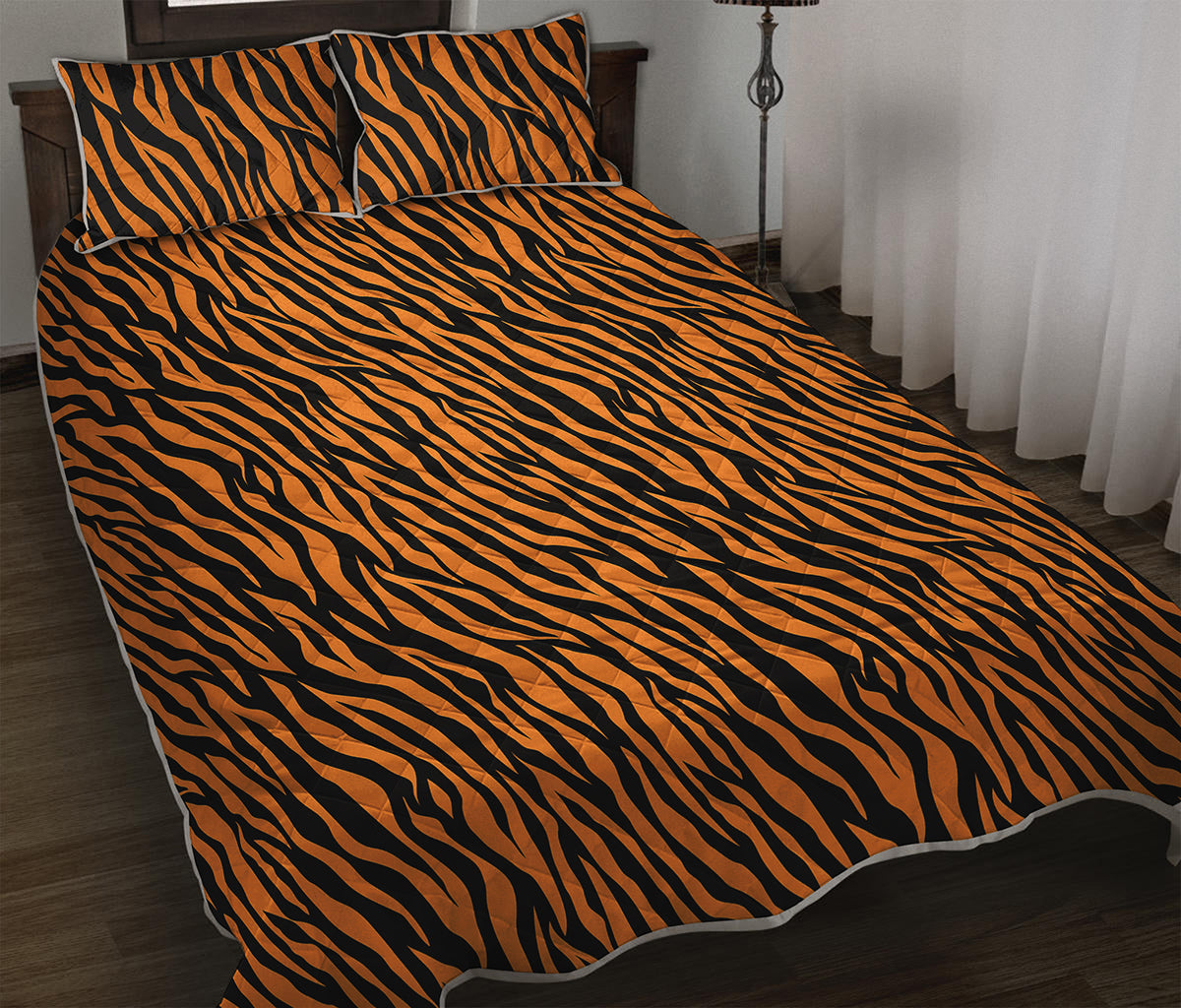 Orange And Black Tiger Stripe Print Quilt Bed Set