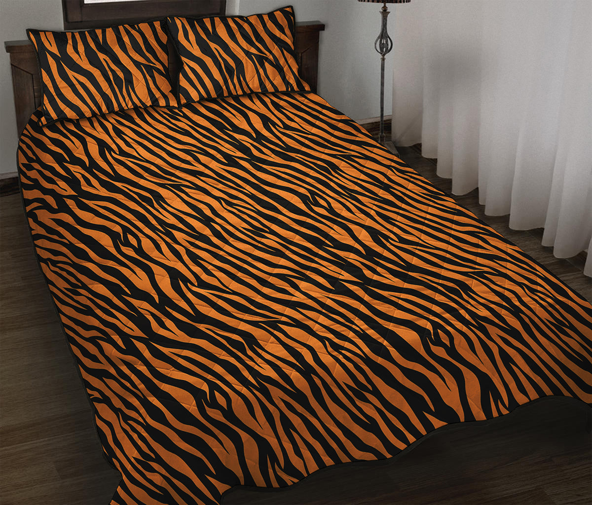 Orange And Black Tiger Stripe Print Quilt Bed Set