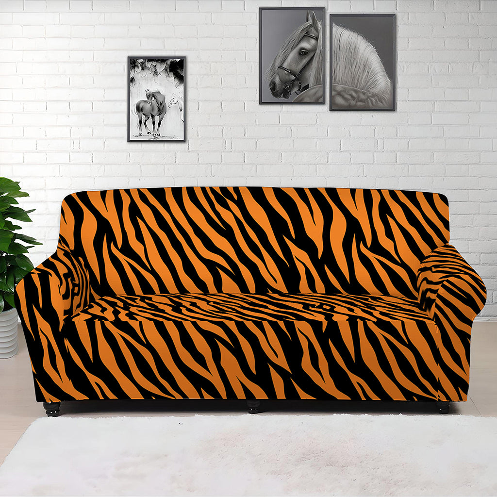Orange And Black Tiger Stripe Print Sofa Cover