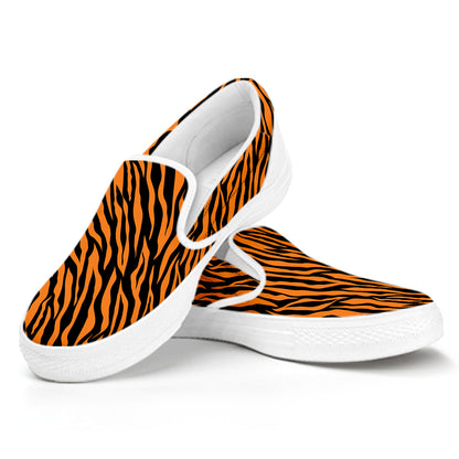 Orange And Black Tiger Stripe Print White Slip On Shoes
