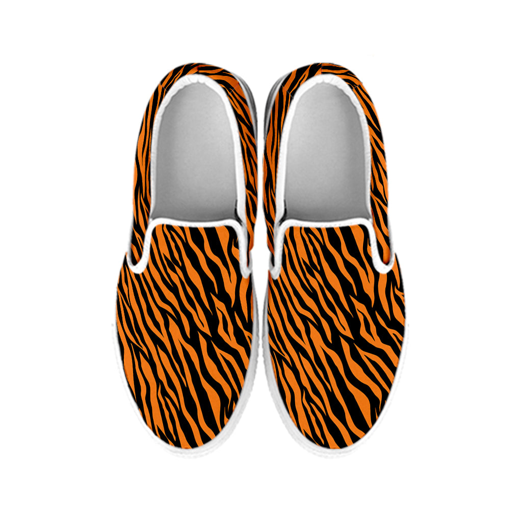 Orange And Black Tiger Stripe Print White Slip On Shoes
