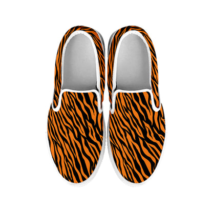 Orange And Black Tiger Stripe Print White Slip On Shoes