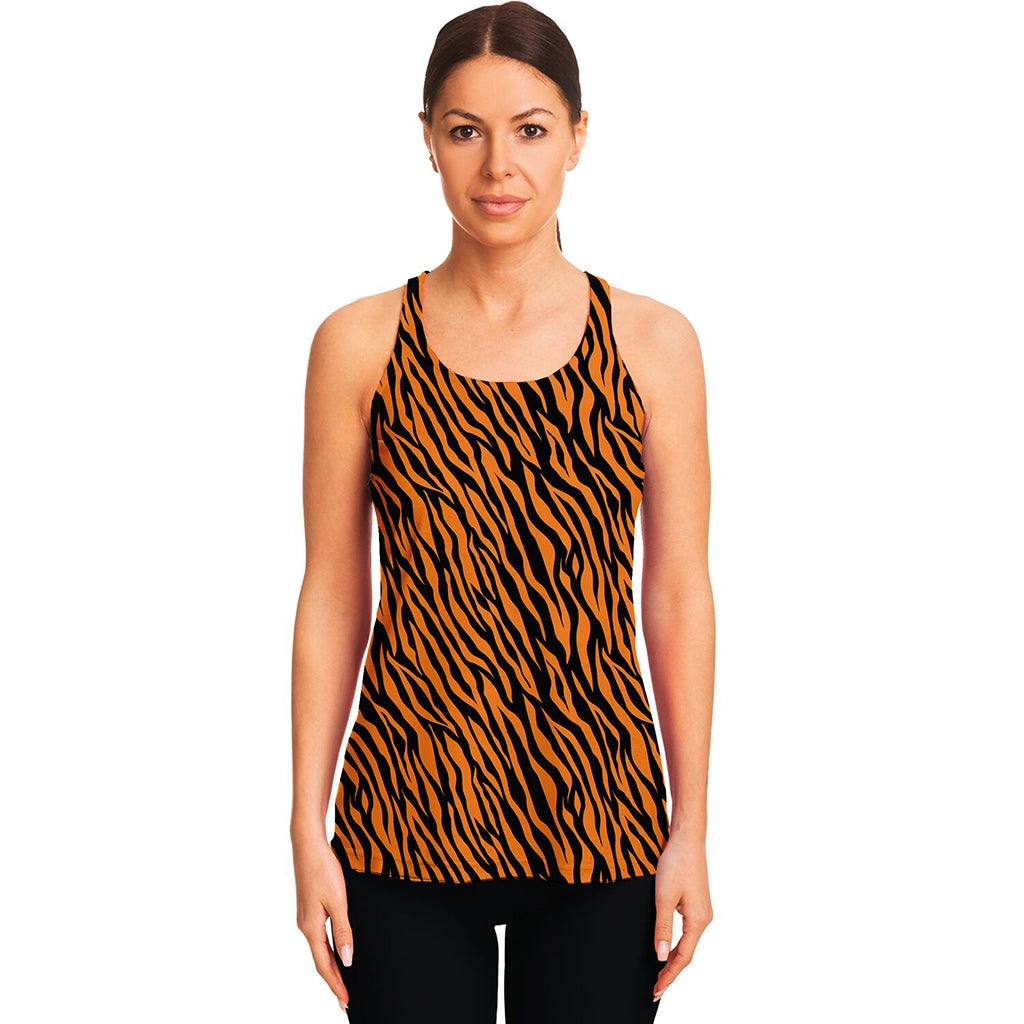 Orange And Black Tiger Stripe Print Women's Racerback Tank Top