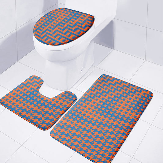Orange And Blue Houndstooth Print 3 Piece Bath Mat Set