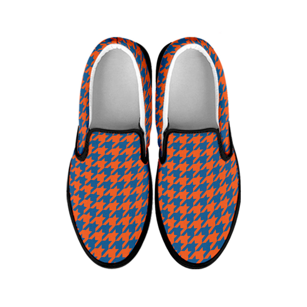 Orange And Blue Houndstooth Print Black Slip On Shoes
