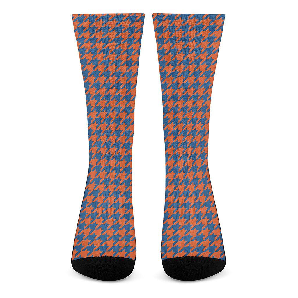 Orange And Blue Houndstooth Print Crew Socks