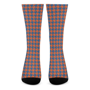 Orange And Blue Houndstooth Print Crew Socks